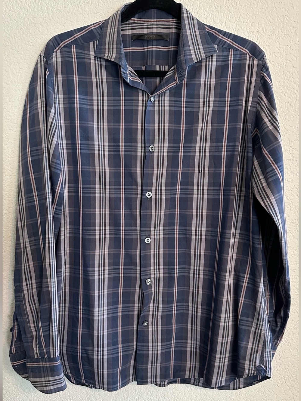 Emanuel Ungaro Navy and White Plaid Button-Down Shirt